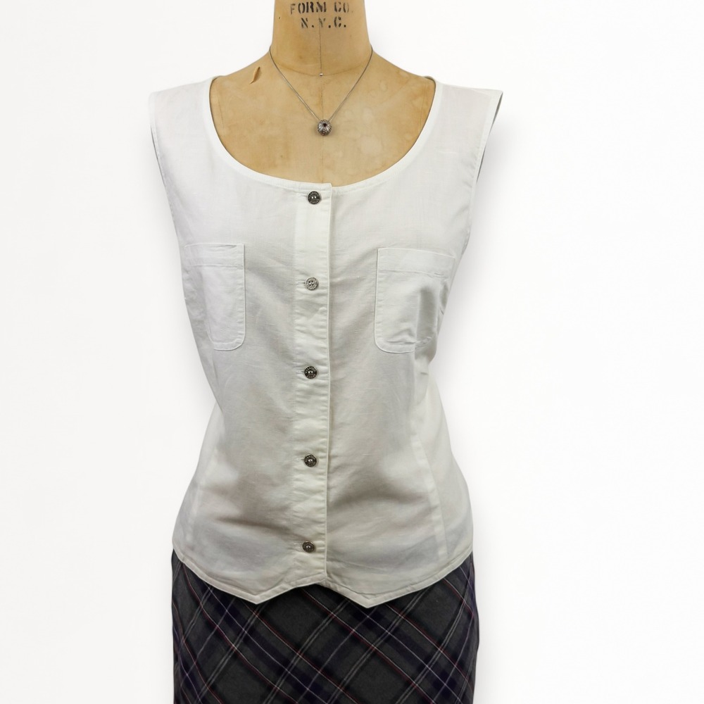 90s Womens XL White Linen Blend Button Front Vest‎ Coastal Minimal Classic